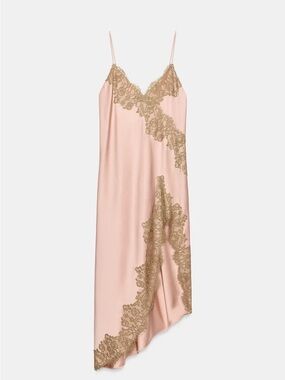 Zara Pink Slip Dress with Beige Lace Trim